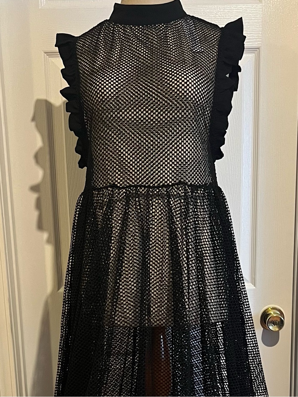 Sheer Black Midi Dress with Ruffle Sleeves